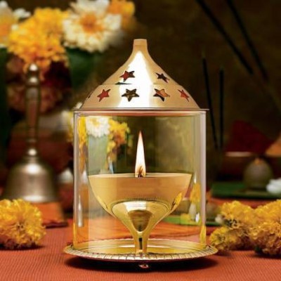 NAVYAKSH Akhand Decorative Pooja Diya Brass & Glass Oil Lamp for Durga Pooja & Diwali Brass Table Diya(Height: 5 inch)