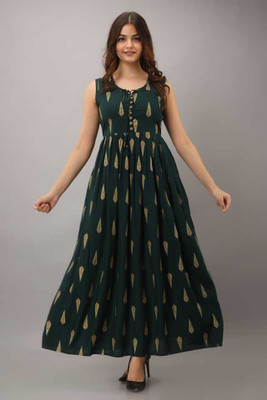 ESTILOR Women Printed Gown Kurta(Dark Green)