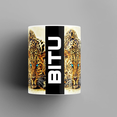 Beautum Name Printed Bitu Cheetah Design White Ceramic (350) ml. Model No:BMNAT003390 Ceramic Coffee Mug(350 ml)
