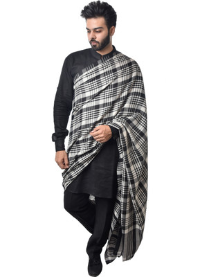 Mizash Pashmina, Wool Striped, Checkered Men Shawl(Black, White)