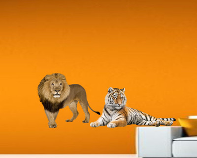 Jagvii 75 cm Lion and tiger ,Lower part wall sticker Removable Sticker(Pack of 1)