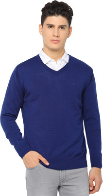 Allen Solly Solid V Neck Casual Men Blue Sweater