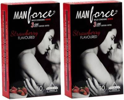 MANFORCE Strawberry Flavored 3 in 1 Wild Ribbed Contour Dotted 10X2=20 Condom
