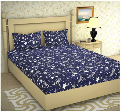 PROLOOM 104 TC Microfiber Double Geometric Flat Bedsheet(Pack of 1, Blue)