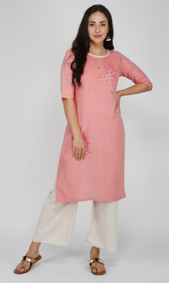 VAHSON Women Self Design, Chikan Embroidery, Embroidered Straight Kurta(Pink)