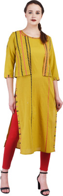shangri la ms designs Women Embroidered, Embellished Straight Kurta(Yellow)