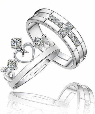 BLOOM STYLE SET OF 2 Crown Shape Couple Adjustable cubic zirconia crown ring set Stainless Steel Diamond Silver Plated Ring Set