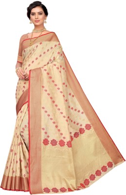 Samah Striped, Woven, Embellished Banarasi Silk Blend Saree(Beige)