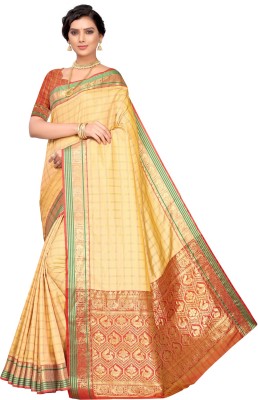 Samah Striped, Woven, Embellished, Checkered Kanjivaram Silk Blend Saree(Cream)