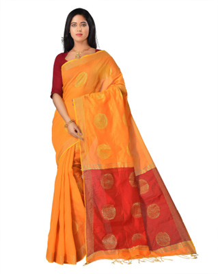 Mystory Self Design Handloom Handloom Cotton Blend Saree(Red, Gold, Yellow)