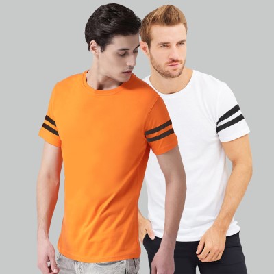 Trends Tower Solid Men Round Neck White, Orange T-Shirt