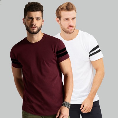 Trends Tower Solid Men Round Neck White, Maroon T-Shirt