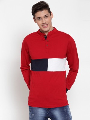 KALT Colorblock Men Mandarin Collar Red T-Shirt