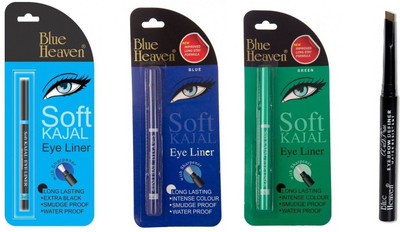 BLUE HEAVEN black,blue,green soft kajal WITH WALK FREE Eye Brow Definer Roll On Stick - Brown,(4 Items in the set)