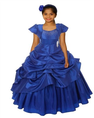 Saba Garments Girls Maxi/Full Length Party Dress(Blue, Short Sleeve)