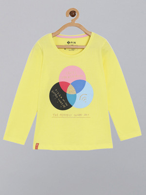 3Pin Girls Typography, Printed Pure Cotton Regular T Shirt(Yellow, Pack of 1)
