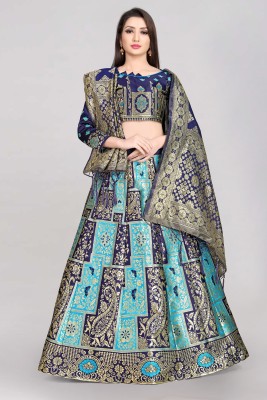 Divastri Self Design Semi Stitched Lehenga Choli(Dark Blue, Light Blue)