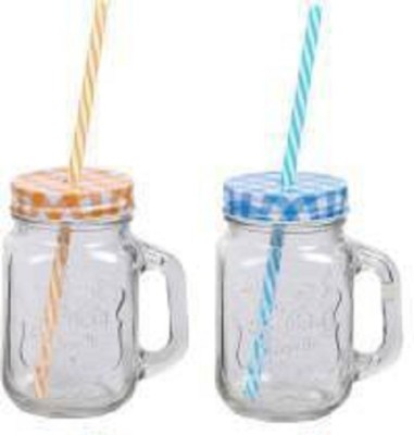 SARDAR CREATION Mason Jar with Straw and Lid, 450ml, Random Colour (Plain jar) mocktail jar/Smoothie jar (Set of 2) Glass Mason Jar(450 ml, Pack of 2)