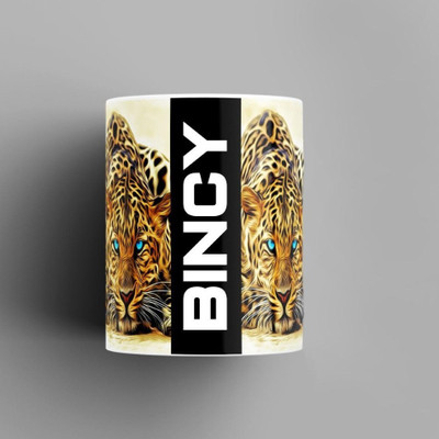 Beautum Name Printed Bincy Cheetah Design White Ceramic (350) ml. Model No:BMNAT003329 Ceramic Coffee Mug(350 ml)