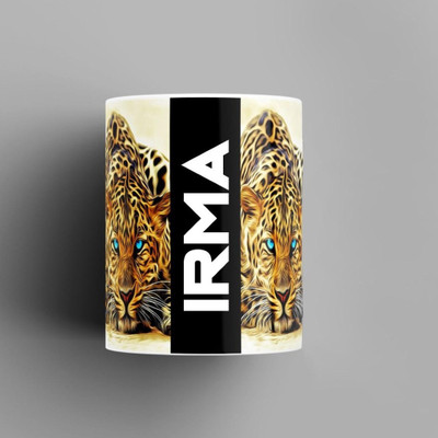 Beautum Name Printed Irma Cheetah Design White Ceramic (350) ml. Model No:BMNAT007350 Ceramic Coffee Mug(350 ml)