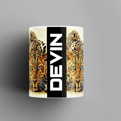 Beautum Name Printed Devin Cheetah Design White Ceramic (350) ml. Model No:BMNAT004670 Ceramic Coffee Mug(350 ml)