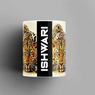 Beautum Name Printed Ishwari Cheetah Design Ceramic (350) ml. Model No:BMNAT007399 Ceramic Coffee Mug(350 ml)