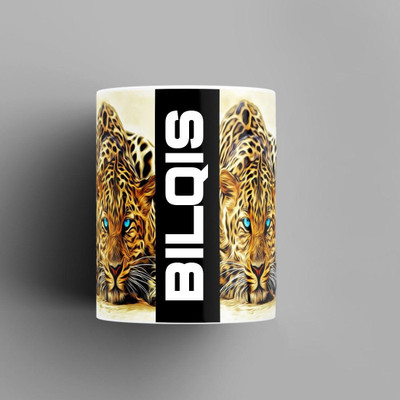 Beautum Name Printed Bilqis Cheetah Design White Ceramic (350) ml. Model No:BMNAT003314 Ceramic Coffee Mug(350 ml)