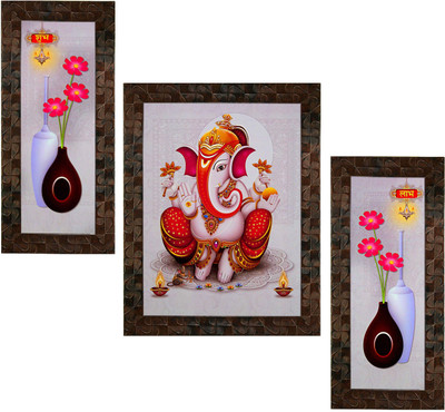 Indianara Set of 3 Lord Ganesha (2644) Digital Reprint 13 inch x 10.2 inch Painting(With Frame, Pack of 3)