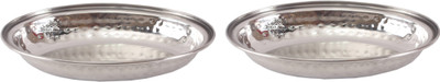 IndianArtVilla Steel Hammered Set of 2 Platter 400 ML each - Serving Dishes Home Hotel Restaurant Tableware Tray(2 Tray)