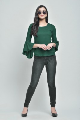 VAANYA Casual Bell Sleeve Solid Women Dark Green Top