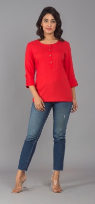 FrionKandy Casual 3/4 Sleeve Solid Women Red Top