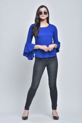 VAANYA Casual Bell Sleeve Solid Women Dark Blue Top