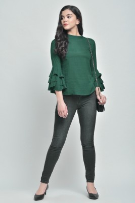 VAANYA Casual Bell Sleeve Solid Women Dark Green Top