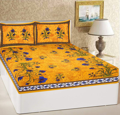 RajasthaniKart 104 TC Cotton Double Jaipuri Prints Flat Bedsheet(Pack of 1, Yellow)