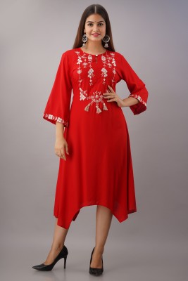 Shagunas Women Embroidered Asymmetric Kurta(Red)