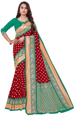 Swassy Fab Woven Banarasi Jacquard, Cotton Silk Saree(Red, Green)