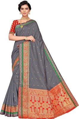 Samah Striped, Woven, Embellished Kanjivaram Cotton Silk Saree(Grey)