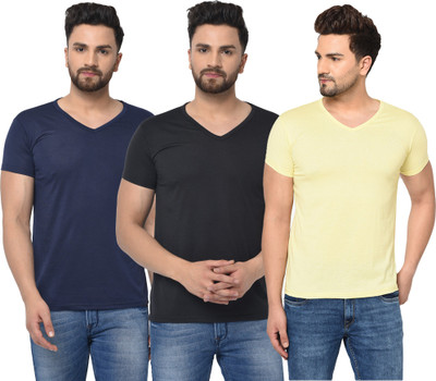 Jangoboy Solid Men V Neck Dark Blue, Black, Yellow T-Shirt