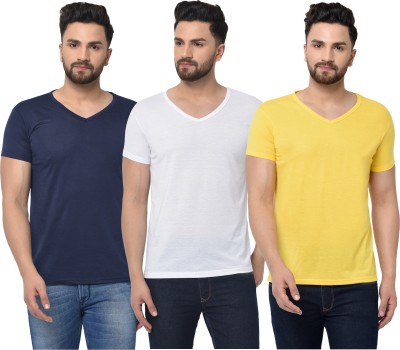 Jaskart Solid Men V Neck Dark Blue, White, Yellow T-Shirt