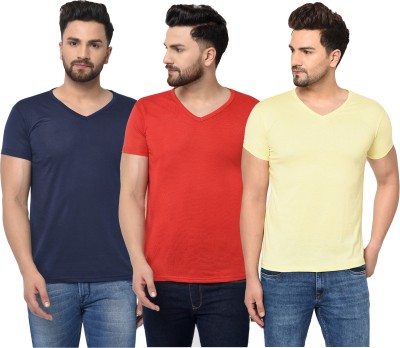 Jaskart Solid Men V Neck Dark Blue, Red, Yellow T-Shirt