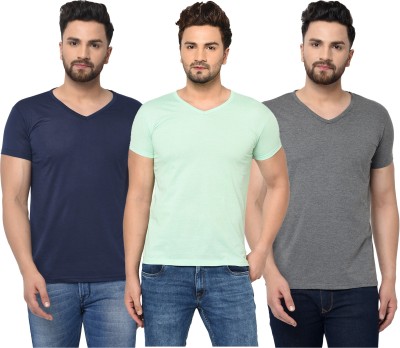 Jaskart Solid Men V Neck Dark Blue, Grey, Light Green T-Shirt