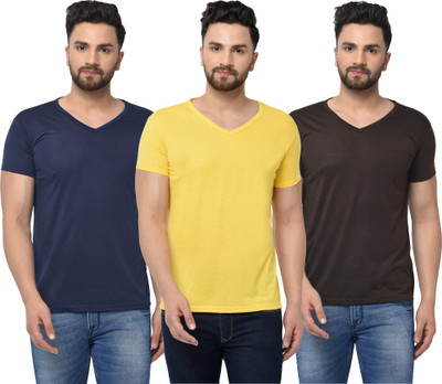 Jangoboy Solid Men V Neck Dark Blue, Brown, Yellow T-Shirt