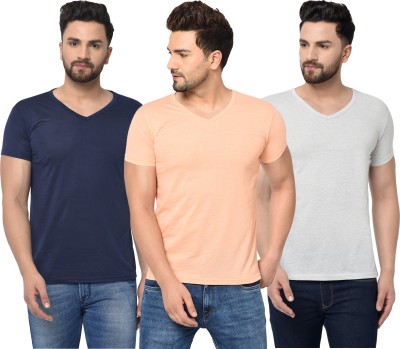 Jangoboy Solid Men V Neck Dark Blue, White, Orange T-Shirt