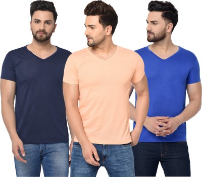 Jaskart Solid Men V Neck Dark Blue, Beige T-Shirt