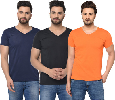 Jangoboy Solid Men V Neck Blue, Black, Orange T-Shirt