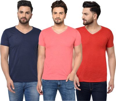 Jaskart Solid Men V Neck Dark Blue, Red, Pink T-Shirt