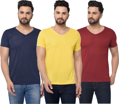 Jangoboy Solid Men V Neck Blue, Maroon, Yellow T-Shirt