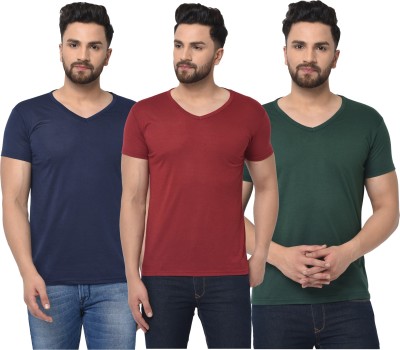 Jaskart Solid Men V Neck Dark Blue, Dark Green, Maroon T-Shirt