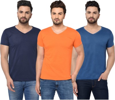 Jaskart Solid Men V Neck Dark Blue, Blue, Orange T-Shirt