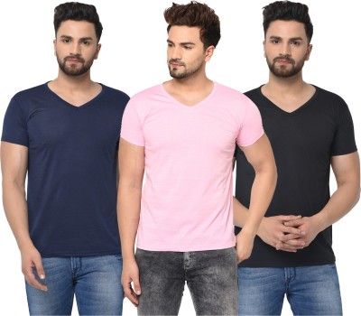 Jaskart Solid Men V Neck Dark Blue, Black, Pink T-Shirt